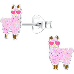 Joy|S - Zilveren Alpaca Lama oorbellen - 6 x 8 mm - roze met glitter en roze hartjes bril