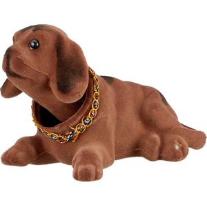 Bewegende donkerbruine hond voor hoedenplank of dashboard 16 x 6 cm