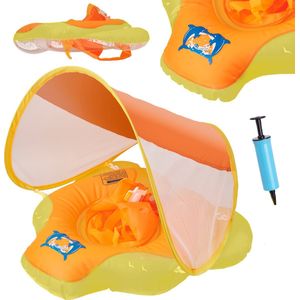 Playos® - Zwemband met Zonnescherm - met Zitje - Geel - Peuter en Baby - Zwemring - Babyzwemband - Babyfloat - Zwemtrainer - Opblaasbaar - Zwemstoel - Opblaasbare Rubberboot - Rubber Bootje