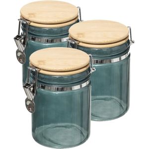 3x stuks voorraadbussen/voorraadpotten 0,75L glas petrolblauw bamboe beugelsluiting - 750 ml - Voorraadpotten luchtdichte sluiting