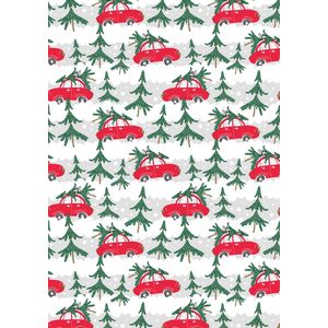 Inpakpapier Kerst papier Xmas Cars Red- Breedte 50 cm - 200m lang