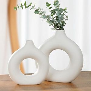 Wit Donut Keramische Vazen [2 Pak] - Modern Decoratieve Vaas voor Bloemen, Minimalistische Huis Decor voor Woonkamer, Slaapkamer Grote Vaas (22 x 24 x 6 cm), Kleine Vaas (19 x 20 x 5 cm)
