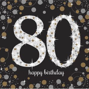 32x stuks 80 jaar verjaardag feest servetten zwart met confetti print 33 x 33 cm - Wegwerp servetjes