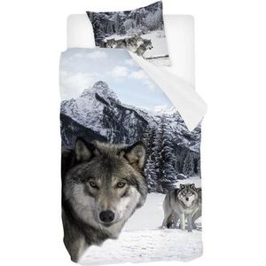 Snoozing Wolf - Flanel - Dekbedovertrek - Eenpersoons - 140x200/220 cm - Multi kleur