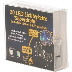 Draadverlichting zilver met gekleurde LED lampjes 2 meter op batterijen met timer - Kerstverlichting lichtsnoeren