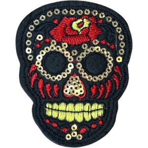 Sugar Skull Doodshoofd Opnaai Embleem Patch Zwart 6.1 cm / 7.6 cm / Zwart Geel Rood