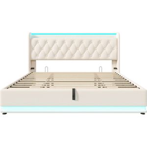 Gotagee Gestoffeerd bed 180x200cm tweepersoonsbed (zonder matras) wit PU hydraulisch opbergbed met USB type-C oplaadfunctie en 360-surround LED met app/afstandsbediening