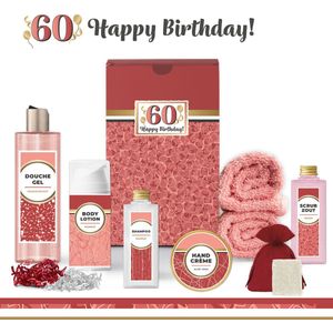 Geschenkset “60 Jaar Happy Birthday!” - 9 producten - 685 gram | Giftset voor haar - Luxe wellness cadeaubox - Cadeau vrouw - Gefeliciteerd - Set Verjaardag - Geschenk jarige - Cadeaupakket moeder - Vriendin - Zus - Verjaardagscadeau - Rood