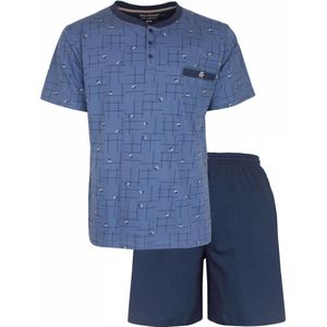 Paul Hopkins Heren Shortama - Pyjama Set - Gestreept - 100% Katoen - Jeans Blauw - Maat L
