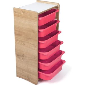 Industrial Living kinderkast met 6 roze opberglades - Speelgoedkast - Opbergkast - Boekenkast - Kast kinderkamer - Hout - Walnoot