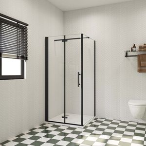 76x80x195cm douchecabine met inklapbare vouwdeur en vaste zijwand, 6mm helder EasyClean veiligheidsglas,mat zwarte aluminium frame, stabilisatiestang 73-120 cm