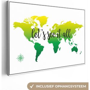 Canvas schilderij 90x60 cm - Wanddecoratie Wereldkaart - Groen - Kompas - Muurdecoratie woonkamer - Kamer decoratie accessoires - Schilderijen