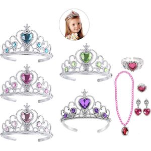 Uitdeelzakjes - 5 x Kroon / Tiara - Verjaardag - Prinsessen - Juwelenset Fuchsia - Traktatie Kind - Verkleedaccessoire