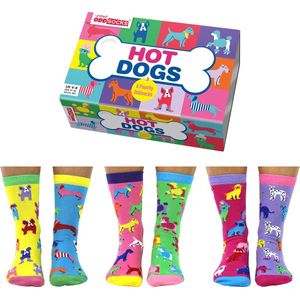 Oddsocks - Hotdog - onpaar mismatched sokken - hondjes afbeeldingen - Mismatch honden afbeelding sokken - maat 37-42