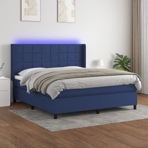 The Living Store Boxspring Bed - Blauwe stof - 203 x 163 x 118/128 cm - Verstelbaar hoofdbord - Kleurrijke LED-verlichting - Pocketvering matras - Huidvriendelijk topmatras - Inclusief montagehandleiding