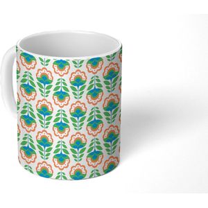 Mok - Koffiemok - Retro - Bloemen - Design - Groen - Oranje - Mokken - 350 ML - Beker - Koffiemokken - Theemok