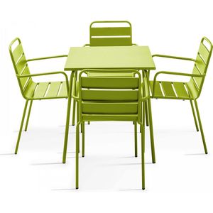 Oviala - Set van een vierkante tuin tafel en 4 groene stalen fauteuils