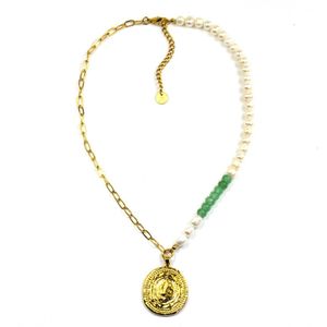 Ketting Pearls and Jade with Luxury Coin Goud | 18 karaat gouden plating | Staal - 38 cm + 5 cm extra | Buddha Ibiza