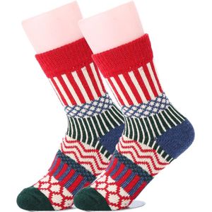 Warme Winter Sokken Dames - maat 37-39 - Vintage Noors design rood/groen/blauw - Huissokken