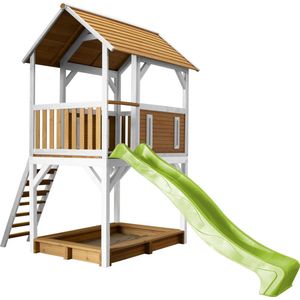 AXI Pumba Speeltoestel in Bruin/Wit - Speeltoren met Zandbak en Limoen Groene Glijbaan - FSC hout - Speelhuis op palen voor de tuin