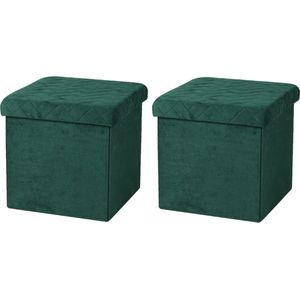 Urban Living Poef/hocker - 2x - opbergbox zit krukje - velvet donkergroen - polyester/mdf - 38 x 38 cm - opvouwbaar