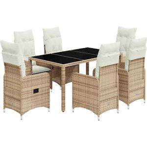 The Living Store 7-delige Bistroset met kussens poly rattan beige - Tuinmeubels - Bistroset - Lounge Set - Buitendecoratie - Patio Furniture