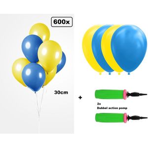 600x Luxe Ballon blauw/geel 30cm + 2x dubbel actie pomp - biologisch afbreekbaar - Carnaval Festival feest party verjaardag landen helium lucht thema