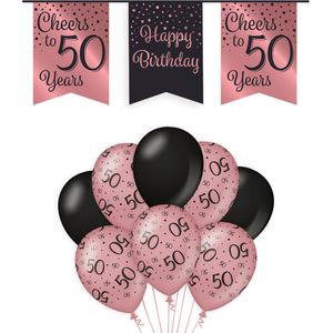 50 Jaar Verjaardag Decoratie Versiering - Feest Versiering - Vlaggenlijn - Ballonnen - Man & Vrouw - Rosé en Zwart