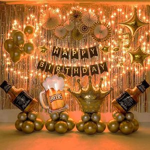 Joya Party® Goud & Zwart Decoratie Verjaardag Feestpakket XL met lampjes, ballonnen en papieren versieringen| Jack Daniels Whiskey Fles & Bier Glas Ballon | Happy Birthday | Helium Ballon
