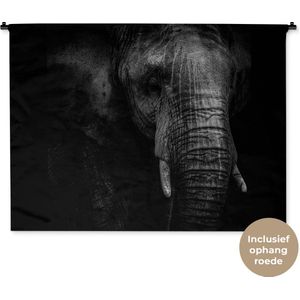 Wandkleed Dieren - Portret van een olifant op een zwarte achtergrond Wandkleed katoen 120x90 cm - Wandtapijt met foto