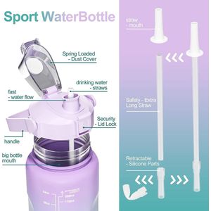 waterfles, 2 liter sportfles, geïnspireerde tijdmarkeerder, fles met rietje, BPA-vrij, waterdicht, lichtgewicht en herbruikbaar, geschikt voor sport, fitness, outdoor, wandelen (roze)