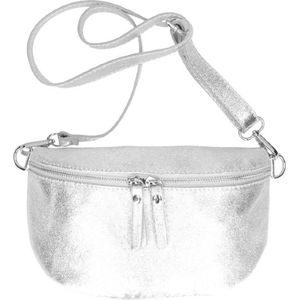 Zilveren Metallic Leren Heuptas - Dubbele Ritsen - Leren Crossbody Tassen - Zilver Beslag - Zilver