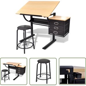 The Living Store Tekentafel - Hoge Kwaliteit - Verstelbaar - Met 3 lades - MDF en gepoedercoat ijzer - 119.5x60x77.5cm - Inclusief gevoerde kruk