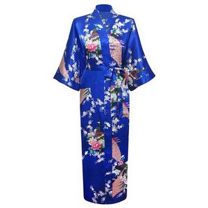 KIMU® Kimono Konings Blauw Maxi - Maat XL-XXL - Yukata Satijn Lang - Lange Blauwe Ochtendjas Japanse Kamerjas Sexy Satijnen Badjas Geisha Vogelprint Festival