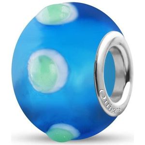 Quiges - Glazen - Kraal - Bedels - Beads Blauw met Groene 3D Bolletjes en Witte rand Past op alle bekende merken armband NG914