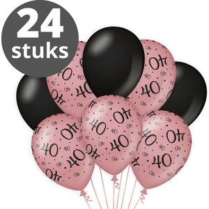 Verjaardag Versiering Pakket 40 jaar (24 stuks) Zwart en Roze - Ballonnen Roze & Zwart - Ballonnen Rose Goud / Black 40 jarige - Verjaardag 40 Birthday Meisje / Vrouw / Dames - Ballonnen verjaardag - Birthday Party Decoratie (40 Jaar)