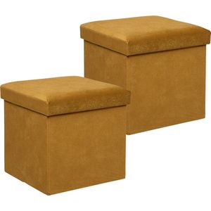 Atmosphera Poef/krukje/hocker Amber - 2x - Opvouwbare zit opslag box - fluweel Okergeel - D38 x H38 cm - MDF/polyester