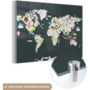 MuchoWow® Glasschilderij 120x80 cm - Schilderij glas - Wereldkaart - Dieren - Grijs - Foto op acrylglas - Schilderijen