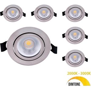 Lage inbouwspots - 6-pack - Zilver - 5W - Dim to warm - IP54 waterdicht - Spotjes inbouw