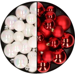 Kerstversiering kunststof kerstballen kleuren mix rood/parelmoer wit 6-8-10 cm pakket van 44x stuks