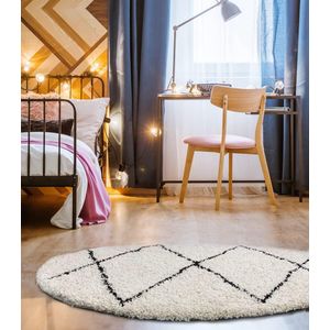 the carpet Bahar Shaggy Hoogpolig (35 mm) Langpolig Woonkamerkleed Ruitjespatroon Crème-Zwart 120x120 cm rond
