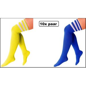 10x Paar Lange sokken blauw en geel met strepen - maat 36-41 - Lieskousen - kniekousen sportsokken cheerleader carnaval voetbal hockey unisex festival