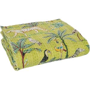 J-Line Plaid/Strand Mat Exotisch Dieren/Planten Hechtingen Katoen Groen Large