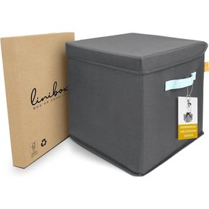 LINIBOX SitzCube Opbergbox van Gerecyclede PET Flessen Grijs met Blauw - Opbergmand geschikt voor Kallax Kast - Grijze Opbergdoos Extra Stevig - Hocker - Poef met Opbergruimte Belastbaar tot 100 KG - Opbergpoef - Zitbox