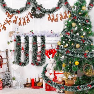 10 m kerst lametta slinger, glanzende metallic lametta, slinger, kerstboom, hangende ornamenten voor Kerstmis, bruiloft, verjaardag, party, decoraties (5 stuks, groen met rode strik)