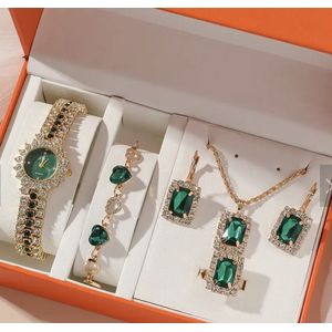 Horlogebox voor dames - geschenkdoos - cadeau set met horloge - oorbellen - ketting - ring - armband - valentijn cadeautje voor haar - goud-groen