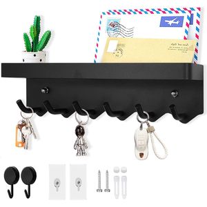 6 haken wand sleutelhouder met plank - multifunctioneel en roestbestendig - geschikt voor entree keuken kantoor badkamer woonkamer (zwart)