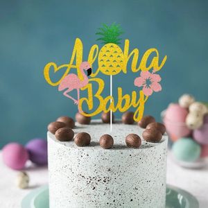 Aloha Baby Taarttopper - Goud - Flamingo - Ananas - Bloem - Taart Versiering - Verjaardag Versiering - Taart Decoratie - Kinderfeestje - Toppers - Taarttopper - Meisje - Jongen - Hawaii Party - Thema Feest Versiering -