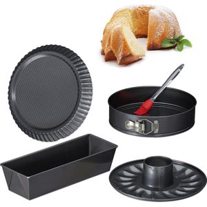 Relaxdays bakvorm set 5-delig - springvorm met bodem - cakevorm - quichevorm - kwastje