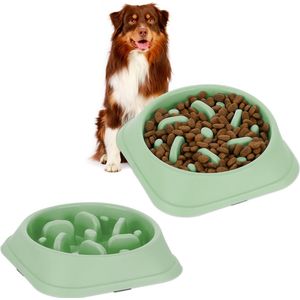 Relaxdays 2x anti-schrokbak hond - 500 ml - voerbak tegen schrokken - groen - slowfeeder